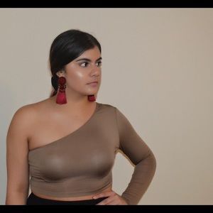 Tan one shoulder long sleeve crop shirt